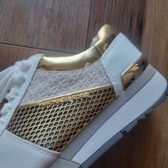 MICHAEL KORS Allie Extreme Mixed-Media Trainer Sneakers Gold/White Size 7 - Picture 7 of 13